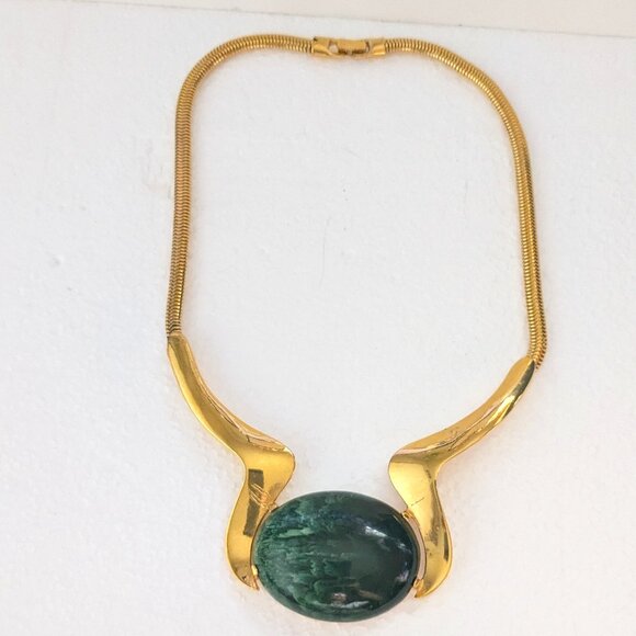 Vintage Crown Trifari Faux Jade Cabochon Gold Tone Modernist Statement Necklace